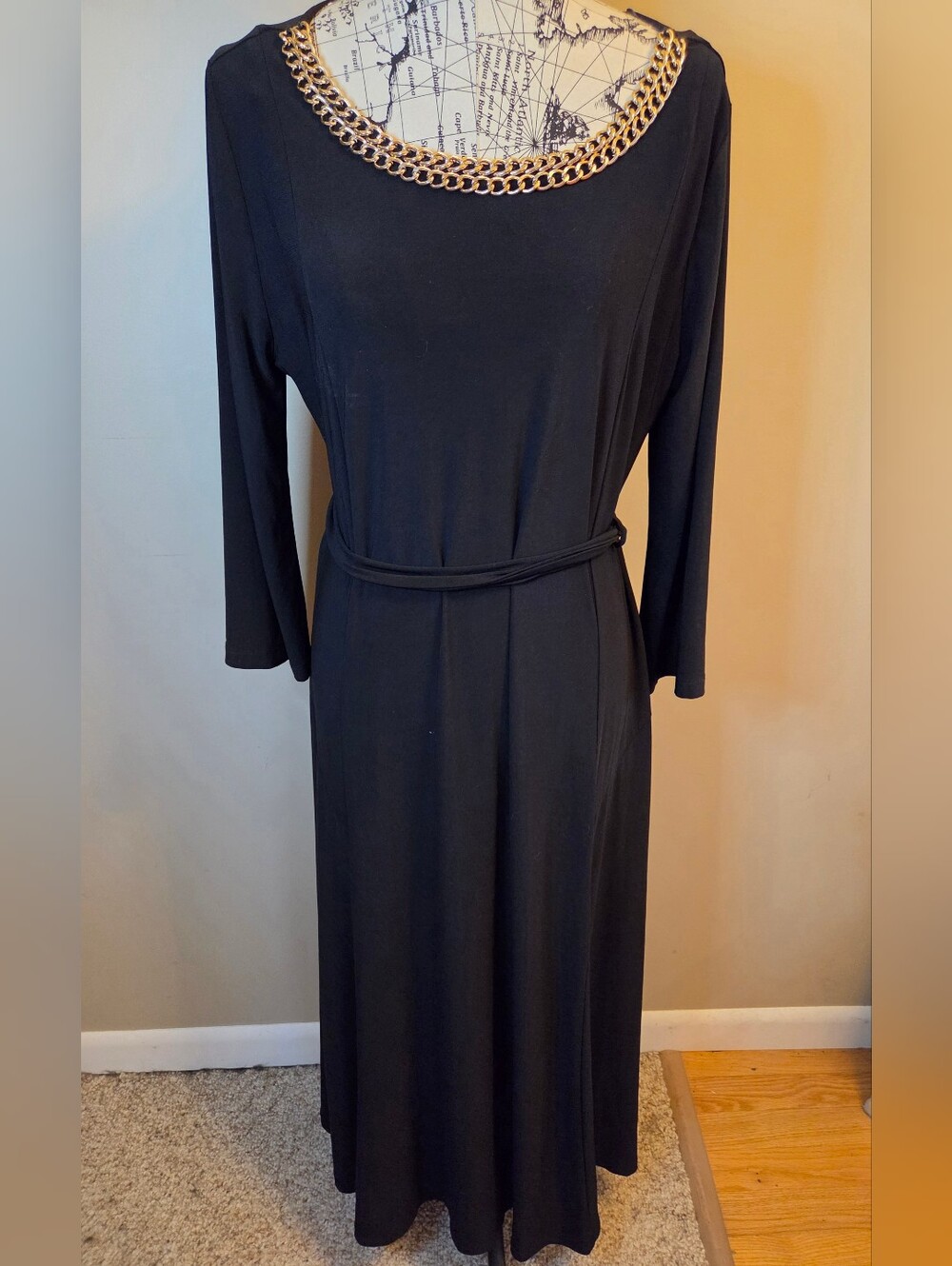 Nina Leonard XL Black Midi Dress Gold Chain Neck 3/4 Sleeve Belted Womens
